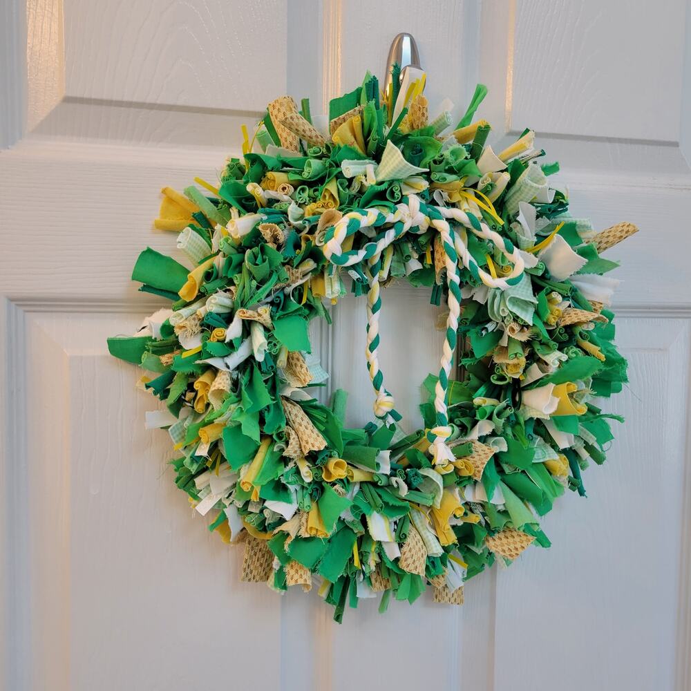 Handcrafted Upcycled Small Spring Fabric Wreath Green, Yellow, White, 14"